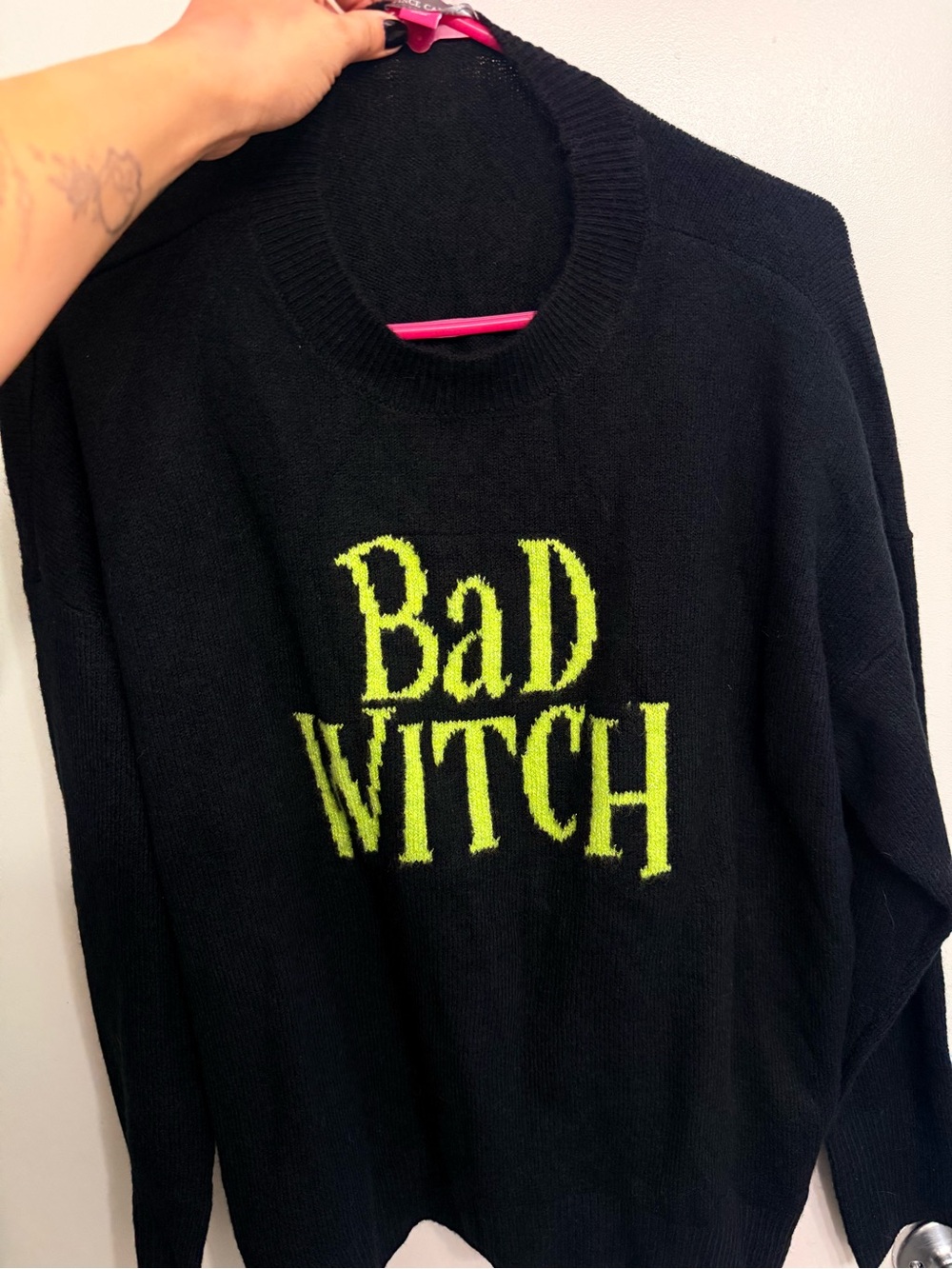 Vince Camuto Black Crewneck Sweater with Neon Yellow 'Bad Witch'
